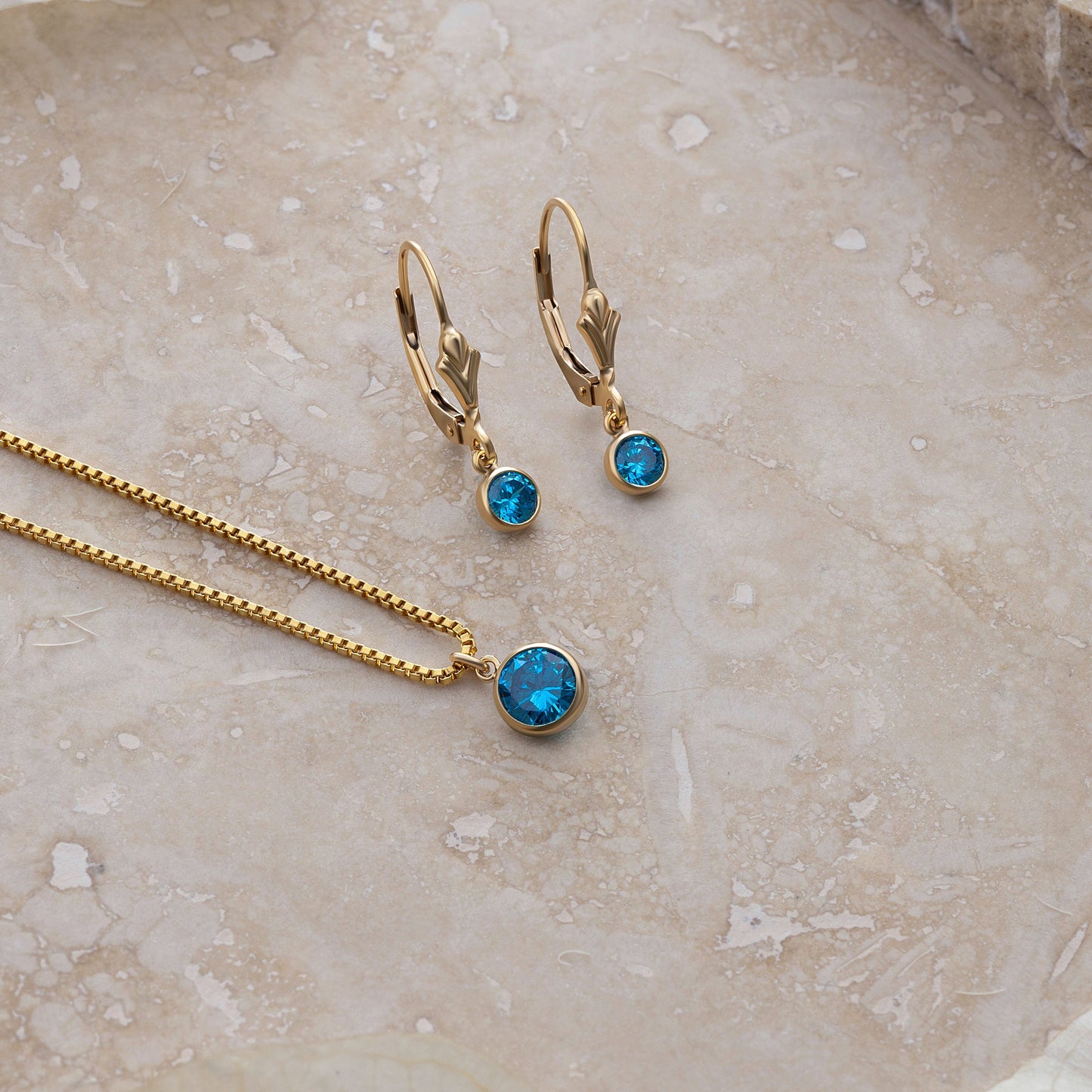 LucyKitty Gold Filled Iris Birthstone Earrings and Necklace Set in December Tanzanite