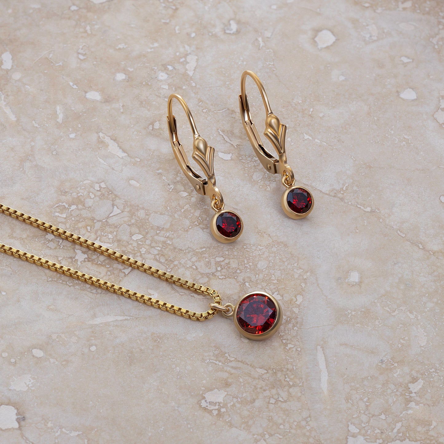 LucyKitty Gold Filled Iris Birthstone Earrings and Necklace Set in January Garnet