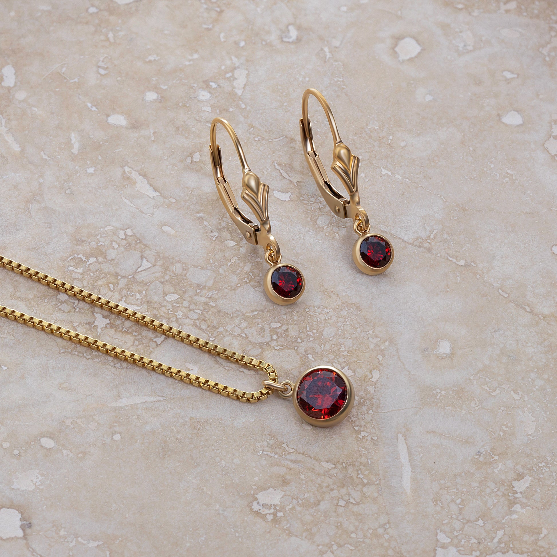 LucyKitty Gold Filled Iris Birthstone Earrings and Necklace Set in January Garnet