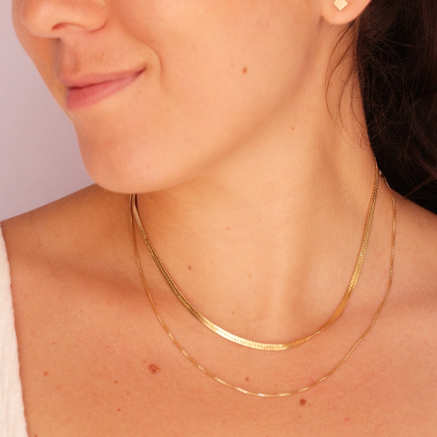 LucyKitty Gold Filled Classic Box Chain, Mira Herringbone Necklace, and Square Studs