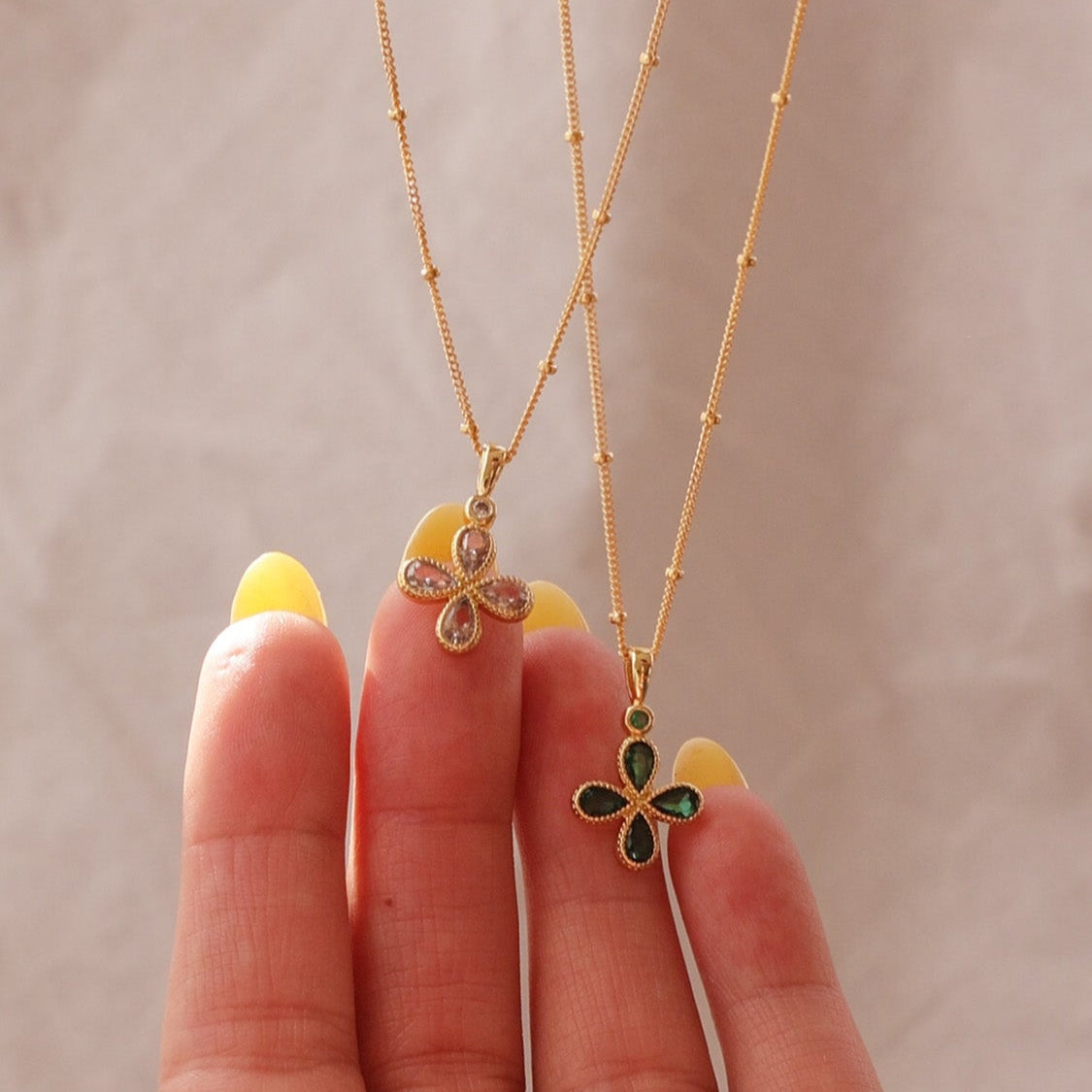 LucyKitty Gold Filled Diamond and Emerald Clover Pendant Necklaces