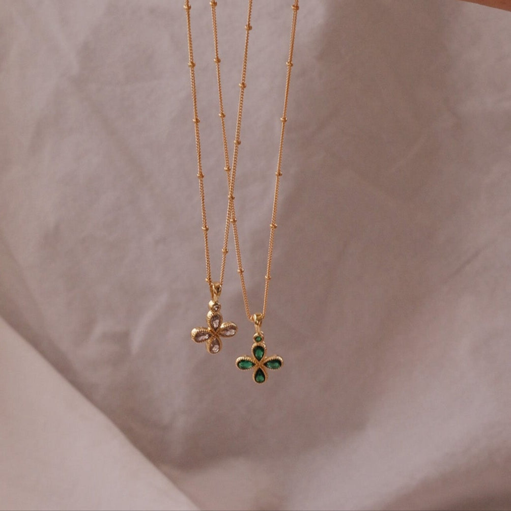 LucyKitty Gold Filled Diamond and Emerald Clover Pendant Necklaces