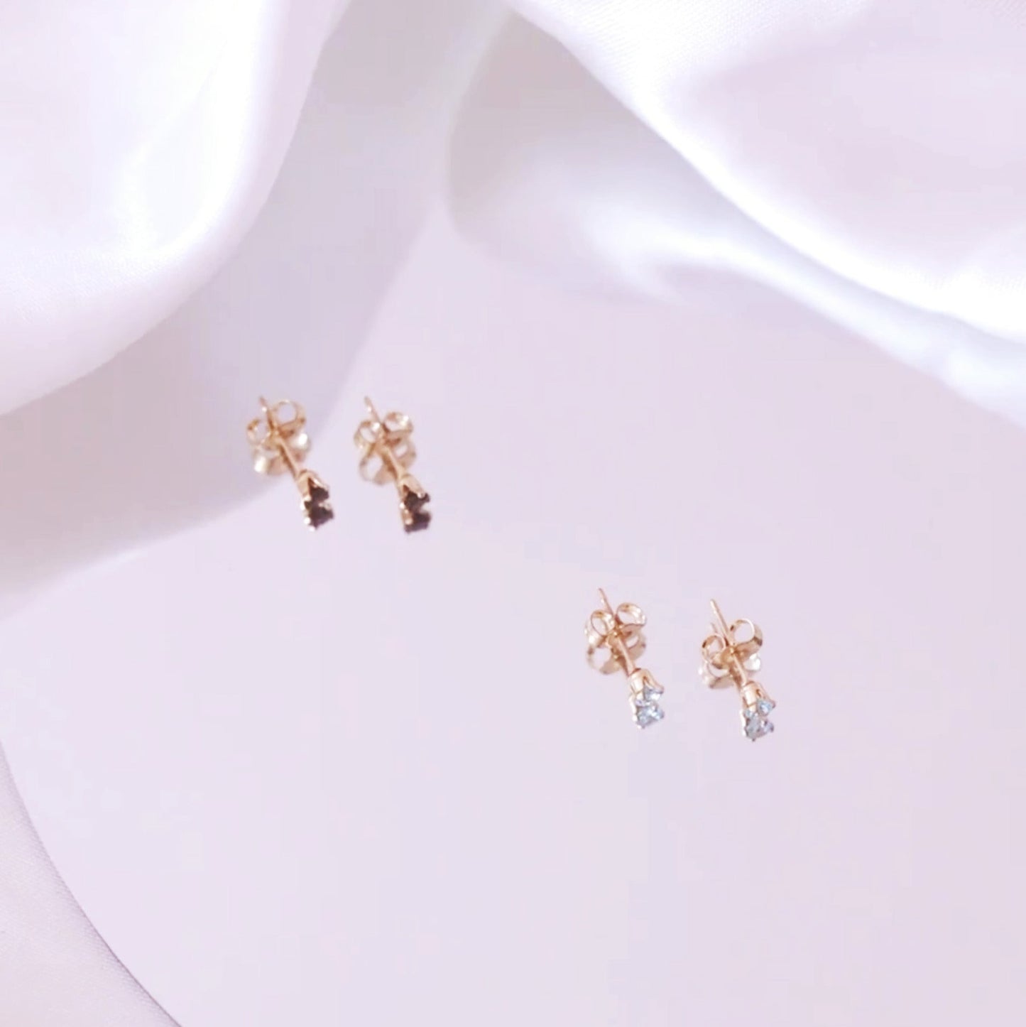 LucyKitty Iris Black Studs and Iris Birthstone Studs in March Aquamarine