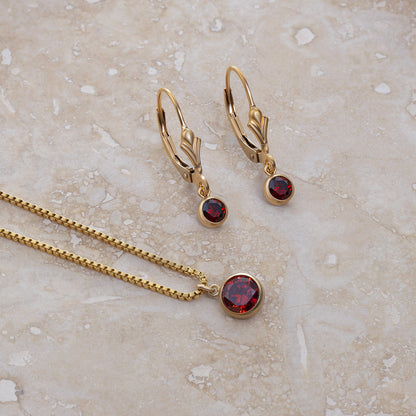 LucyKitty Gold Filled Iris Birthstone Earrings and Necklace Set in January Garnet