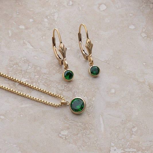 LucyKitty Gold Filled Iris Birthstone Earrings and Necklace Set in May Emerald