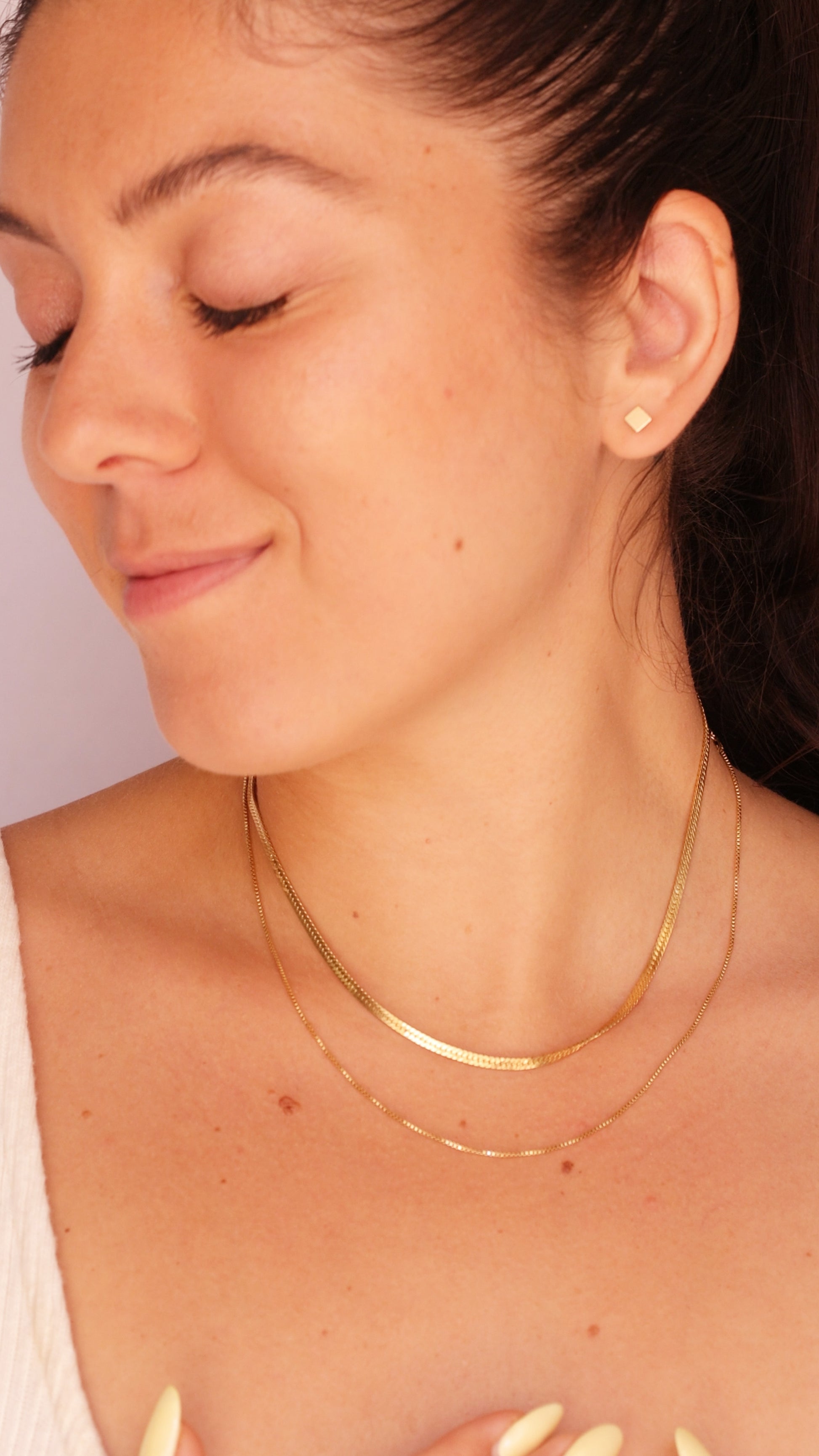 LucyKitty Gold Filled Classic Box Chain, Mira Herringbone Necklace, and Square Studs