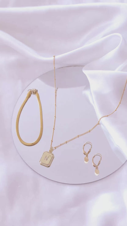 LucyKitty Gold Filled Mira Fine Herringbone Bracelet, Carta Pendant, Saturna Chain, and Mona Earrings