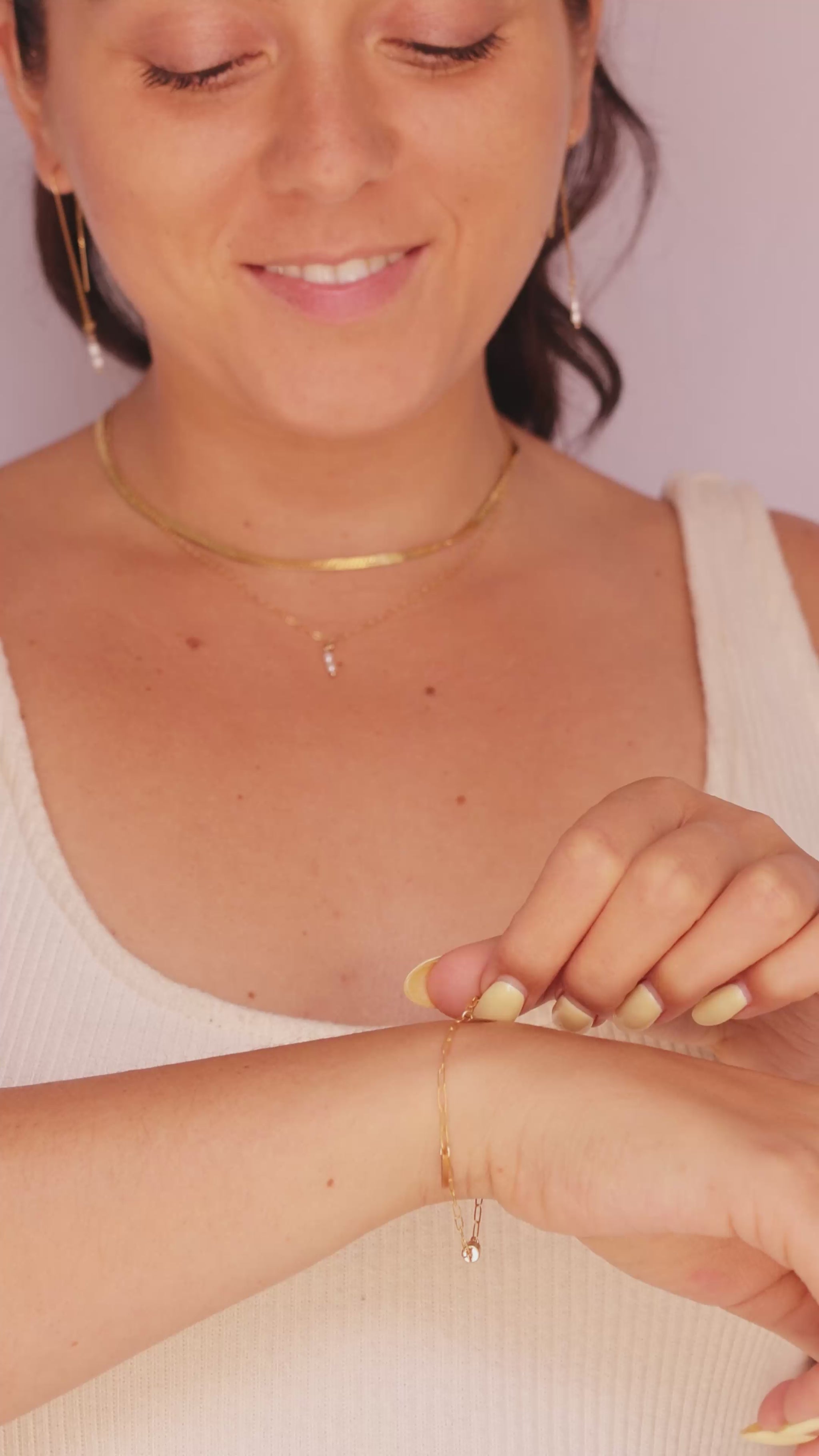 LucyKitty Gold Filled Paperclip Chain Bracelet with Gold Rectangle Charms, Mira Herringbone Necklace, Maggie Mini Threaders, and Maggie Mini Necklace