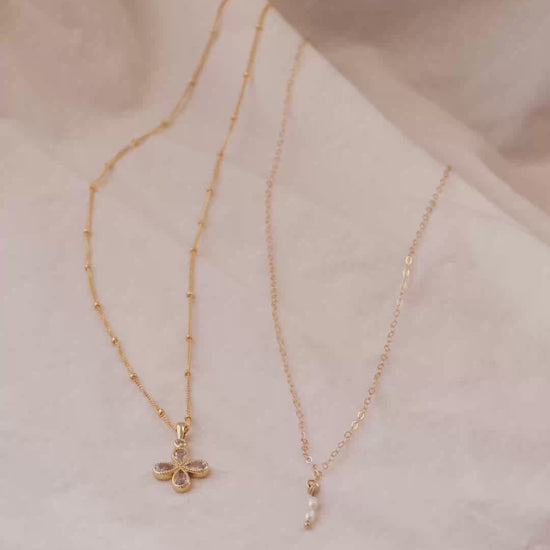 LucyKitty Gold Filled Diamond Clover Necklace, Maggie Mini Necklace, and Mini Moonstone Necklace