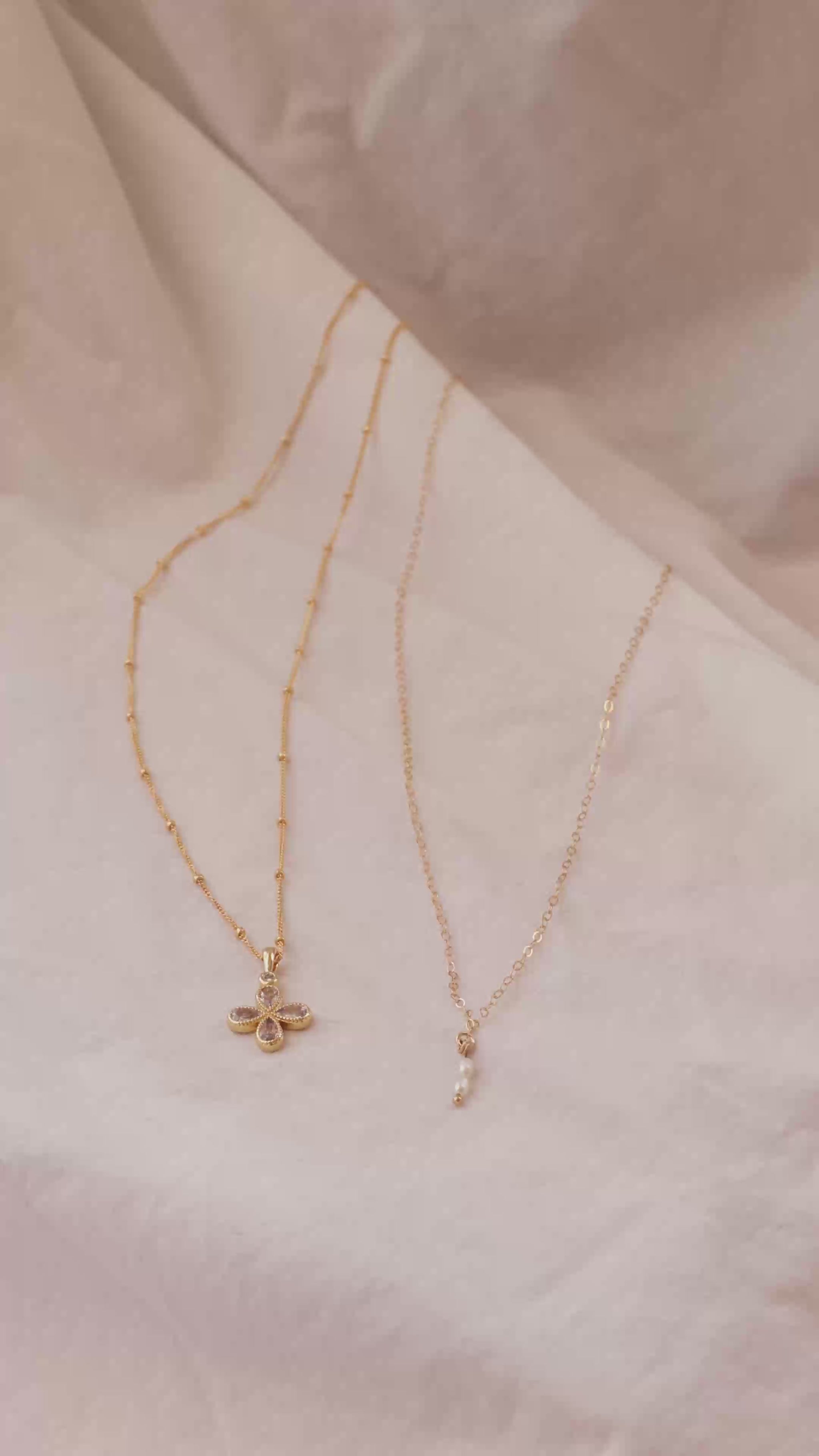 LucyKitty Gold Filled Diamond Clover Necklace, Maggie Mini Necklace, and Mini Moonstone Necklace